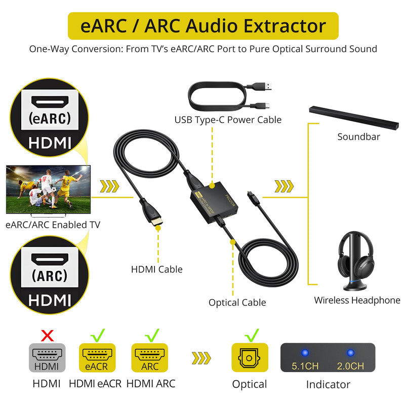 PROZOR eARC/ARC to Optical Audio Extractor, Enhanced eARC Audio Converter Supports Dolby/DTS 5.1, 192KHz HDMI eARC/ARC to Optical Toslink Adapter for TV to Soundbar Amplifier Home Theater 7ft Long eARC/ARC to Optical 7ft