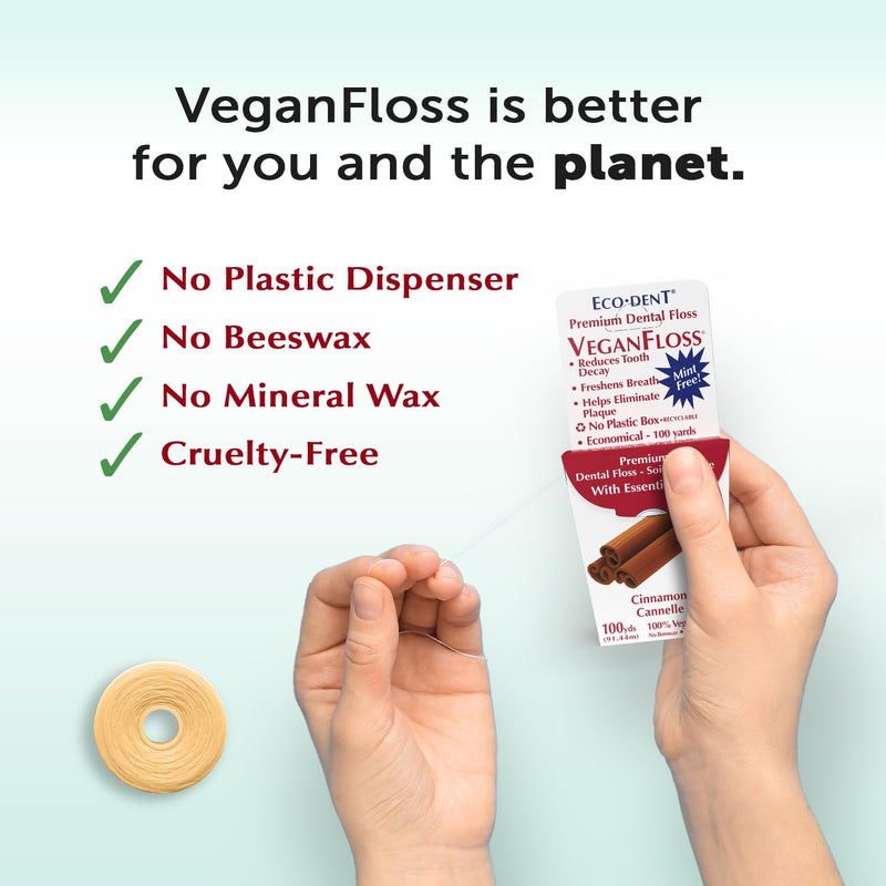 Eco-Dent VeganFloss Dental Floss, Waxed, Cinnamon - Floss with Vegan Plant-Based Wax, Recyclable Cardboard Packaging, 100 Yds (Pack of 6) 600 Count (Pack of 1)