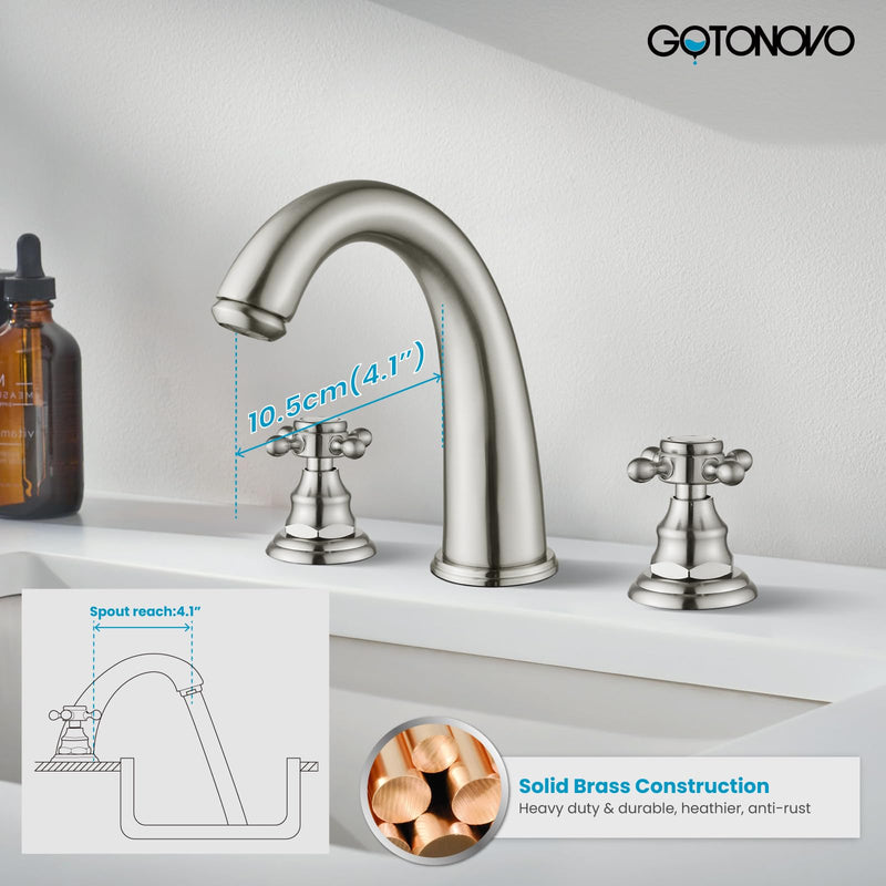 gotonovo 8 inch Widespread Bathroom Sink Faucet Fixtures Bathroom Faucets for Sink 3 Hole 2 Cross Handles Deck Mount with Pop Up Drain Water Supply Lines No Label Brushed Nickel