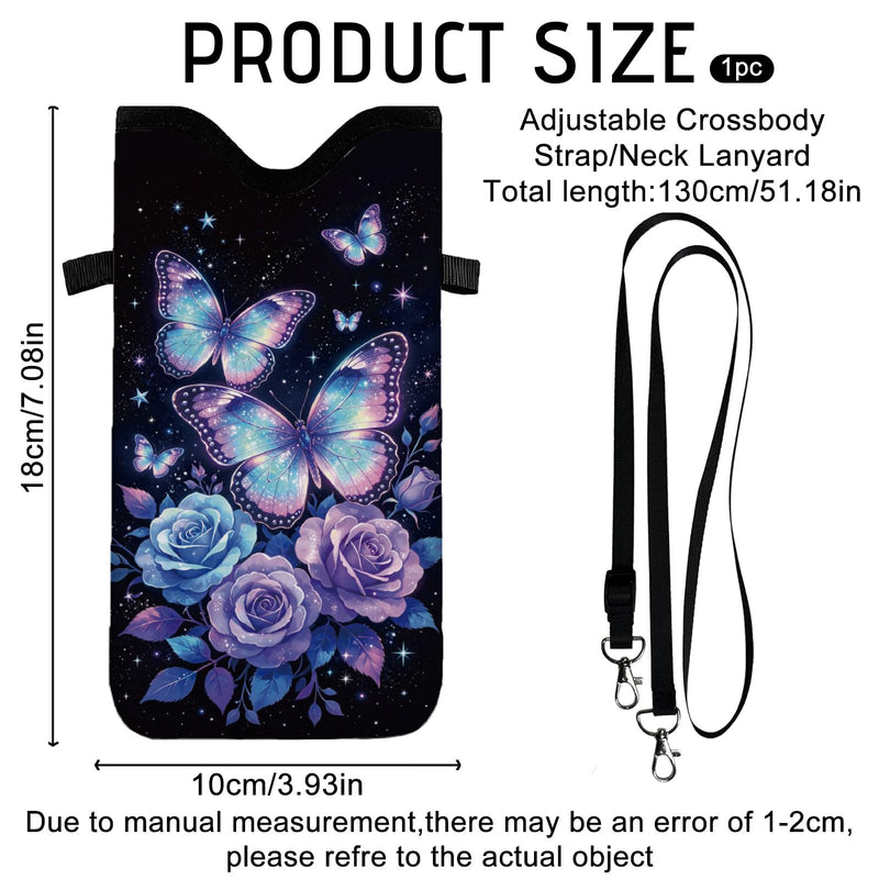 GLOBLELAND Butterfly Cell Phone Sleeve Pouch Case Bag 7.1×3.9 inch Rose Insect Shockproof Universal Phone Bag with Crossbody Strap Neck Lanyard for Women Men Phone Headphones Watch