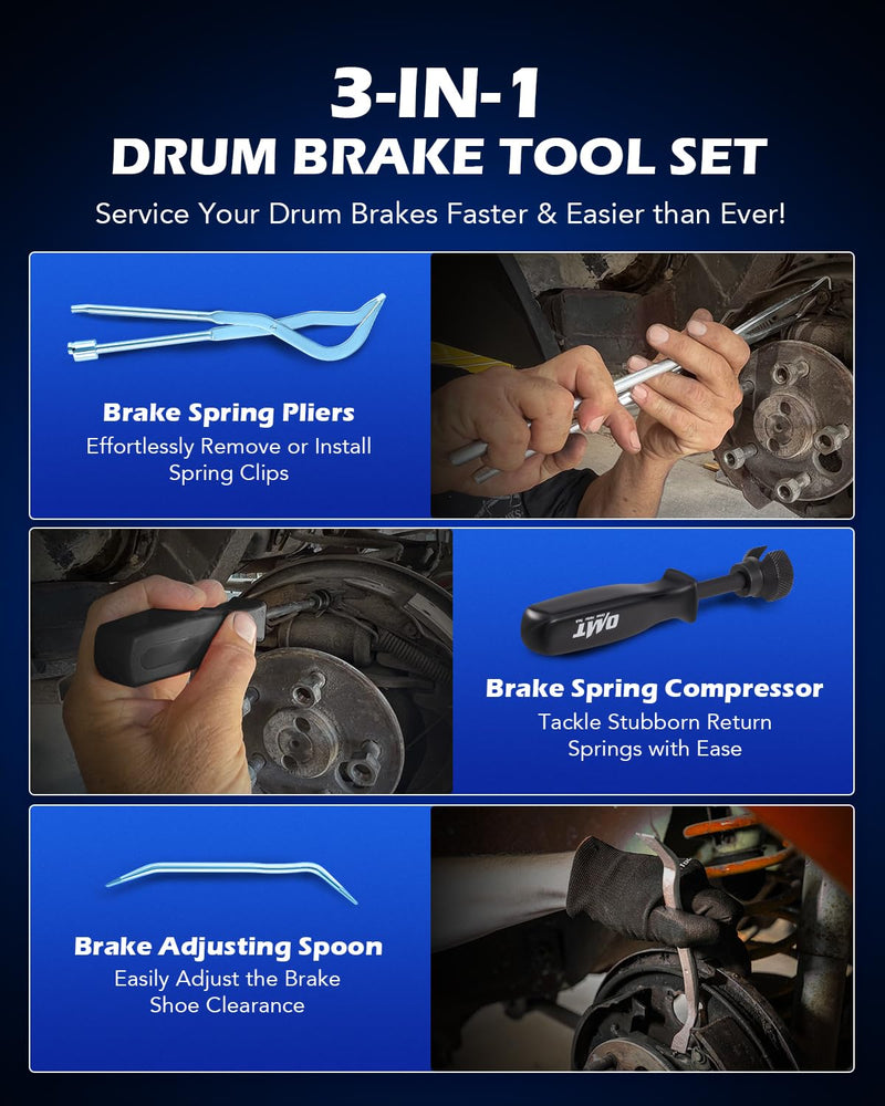 Orion Motor Tech Drum Brake Tool Kit, 3 pc Drum Brake Adjustment Tool Set with Brake Spring Compressor Tool and Brake Spoon, Double Ended Brake Spring Pliers for Brake Spring Removal and Installation