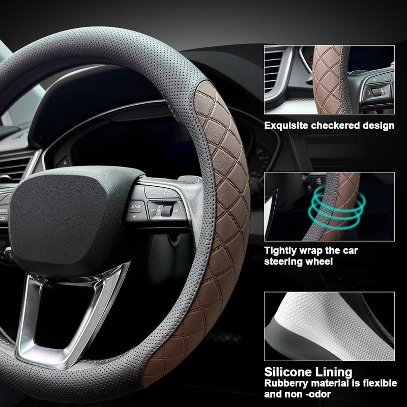 LKWLIKEI Nappa Leather Steering Wheel Cover,Elegant Diamond Checkered Design, Non-Slip wear-Resistant, Enhance Driving Comfort, Suitable for Steering Wheel Diameter 14 1/2‘-15’ Models.Black Brown Black Brown