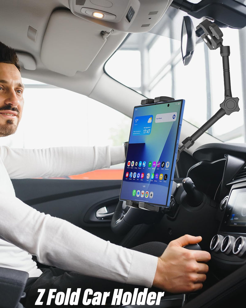 Z Fold Car Mount - [Foldable Phone Friendly] Rearview Mirror Tablet Holder for Car Truck, Rear View Mirror Phone Mount with 360° Metal Arm for Samasung Galaxy Fold 7 6 5 4 3, Tab, Google, iPad, iPhone