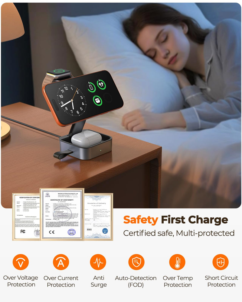 3 in 1 Wireless Charging Station for Apple Multiple Device, MagSafe Charger | Foldable Travel Compact, Charger Stand with 20W PD Adapter for iPhone 17/16/15/14/13, Apple Watch, AirPods Pro/4 - Space Grey