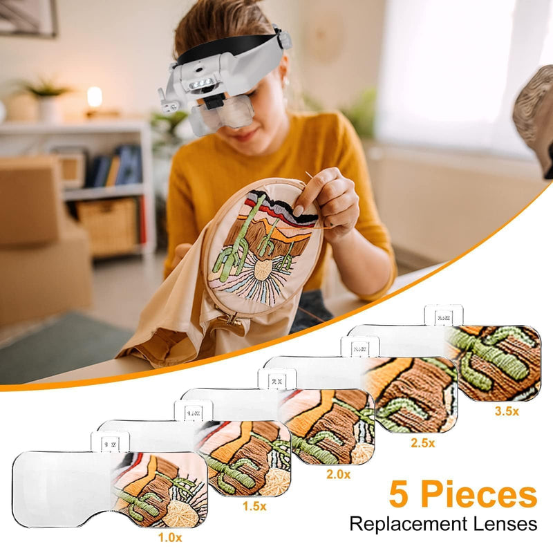 SUNJOYCO Headband Magnifier, 1X-14X Headset Magnifying Glasses with Light, Lighted Magnifying Visor, Head Mount Magnifier with 5 Detachable Lenses for Close Work, Sewing, Crafts, Jewelry, Watch Repair