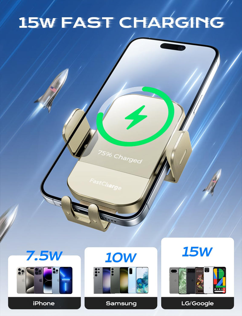 CHGeek Wireless Car Charger, 15W Fast Charging Auto Clamping Car Charger Phone Mount Phone Holder fit for iPhone 15 14 13 12 11 Pro Max Xs, Samsung Galaxy S25 Ultra S24 S23 S22, S21, S20, Khaki Upgraded Wireless Car Charger-Khaki