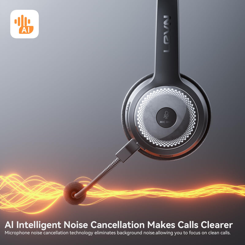 Wireless Headset with Mic for Work, AI Noise Cancelling Bluetooth Headset | Wireless Headset with Mute Button & USB Dongle, Charging Base, 50h Playtime, Suitable for Call Center/Computer/Laptop/Teams Black