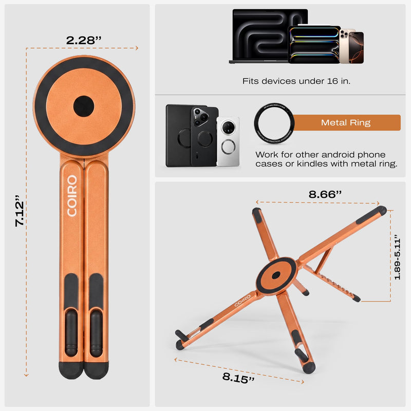 3-in-1 Magnetic Foldable Laptop Stand and Phone Stand for Desk Aluminum Alloy Adjustable Holder 10–16” Laptops & 4–13” Phones/Tablets, Magnetic Compatible with iPhone Android, Orange