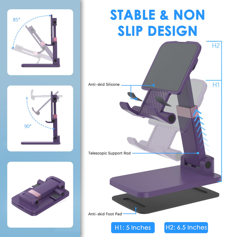 Cell Phone Stand for Desk, Adjustable Height & Angle Phone Holder, Foldable Portable Stand with Anti-Slip Silicone Pad, Compatible with iPhone and All Smartphones 4–8 Inch, Purple