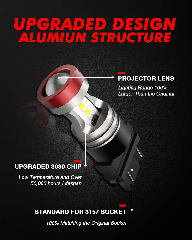 Torchbeam 3157 LED Light Bulbs 3600 Lumens with Projector Error-free For Reverse Back Up Lights DRL Brake Lights Fit 3156 3057 3056 4157 6500K Xenon White（Pack of 2） 3157 White