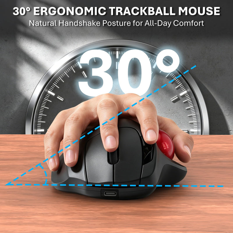 EDJO Wireless Trackball Mouse, Ergonomic Mouse with 30° Tilt, 5 DPI, Red | Thumb control, 3-device Bluetooth/2.4G, up to 160h battery, Type-C rechargeable, stays in place, removable ball, easy cleanup
