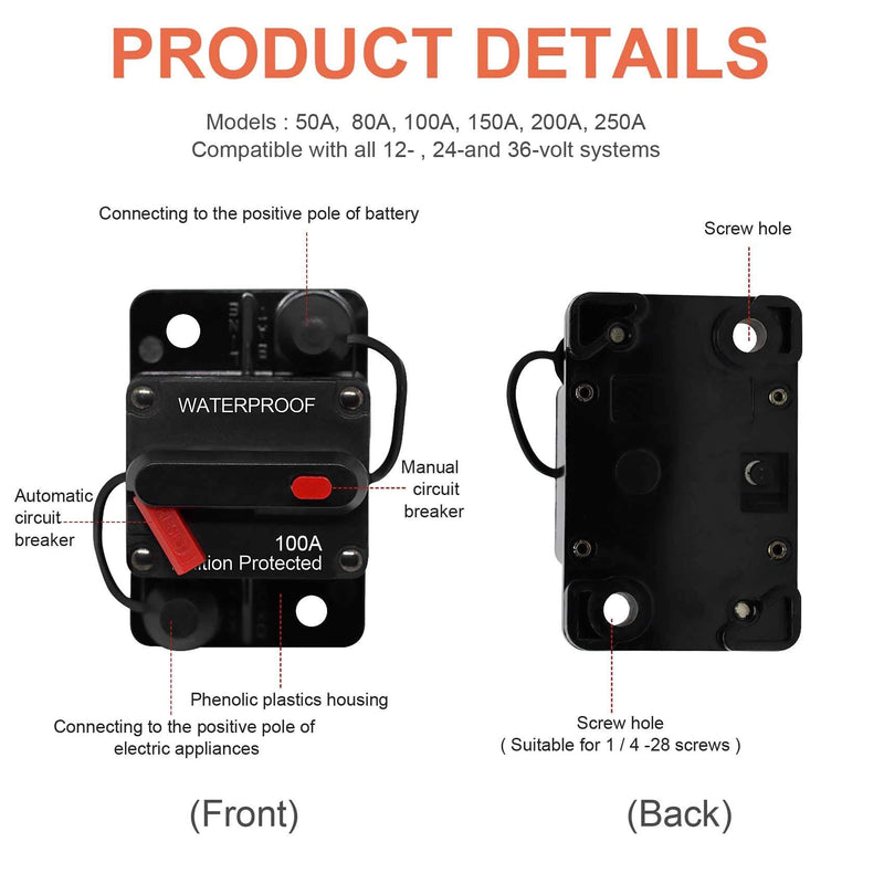 60 Amp Circuit Breaker with Manual Reset Waterproof Inline Fuse Inverter for Marine Trolling Motors Boat ATV Manual Power, Suface Mount, 12V-48V DC 60A+Terminal