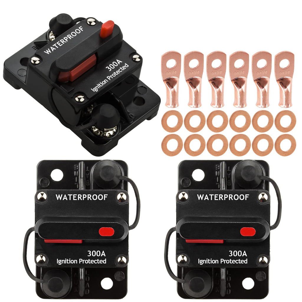 3 Pack 300A Circuit Breaker with Manual Reset Fuse Holder for Car Audio Marine Boat Stereo Switch, with Wire Lugs Copper Washer