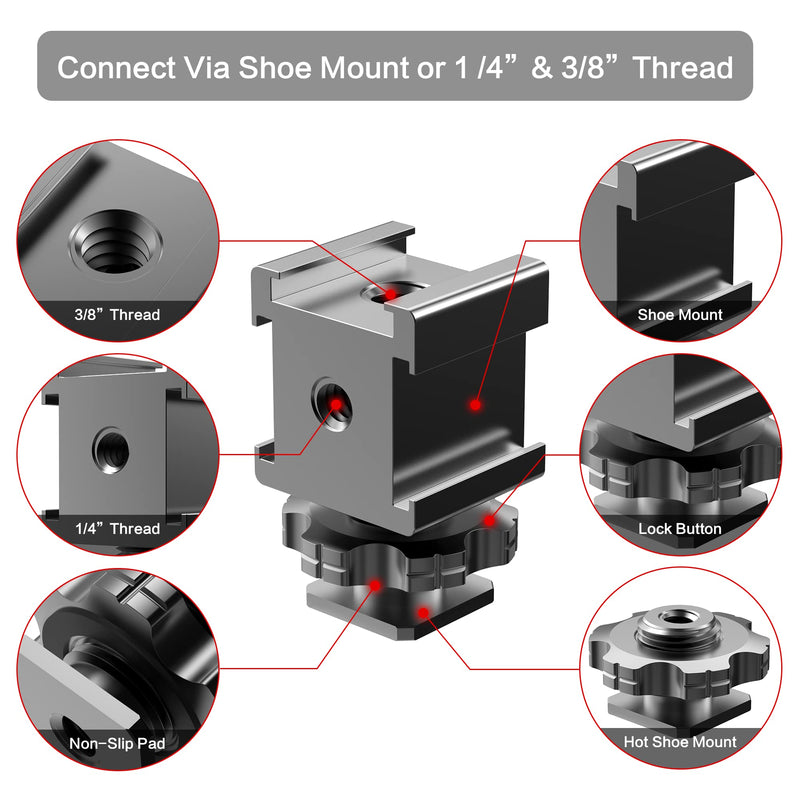 Triple Cold Shoe Mount Cold Shoe Adapter, 360 Degree Swivel Aluminum Camera Hot Shoe Extension Bracket with 3 Port Cold Shoe Mounts for Camera Cage Flash LED Light Monitor Microphone Triple Shoe Mount