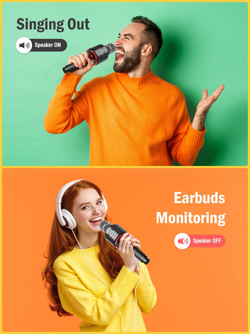 Wireless Bluetooth Karaoke Microphone, Built-in Loud Speaker for 10H Playback, Add Reverb/Duet Mode/Earbuds Monitoring, Portable Karaoke Machine for Entertainment & Singing Practice (Black&Red) Black&Red