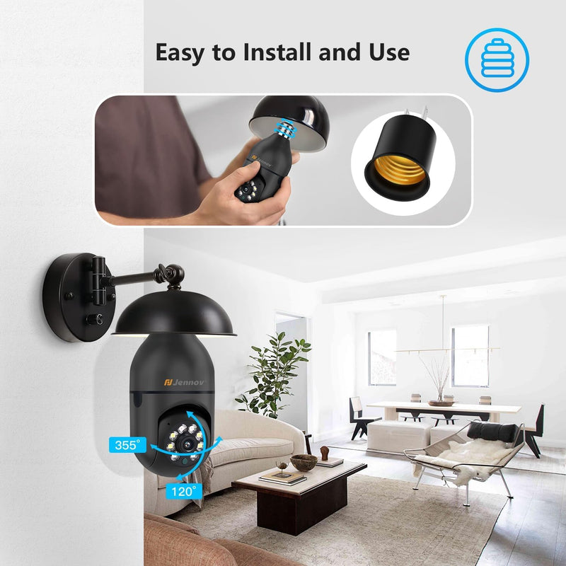 Jennov 2K Light Bulb Security Camera, Auto-Tracking Security Cameras Wireless Outdoor, 360° PTZ, Dual-Band WiFi (2.4G/5G), AI Human Detection, Indoor/Outdoor, E27 Socket-Powered, Compatible Alexa Black Light bulb Camera / 2PK