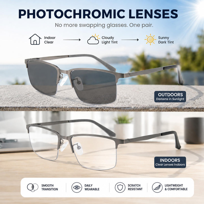 Photochromic Multifocus Reading Glasses, Progressive Transition Readers with Blue Light Filtering Lenses for Men Shine Grey 2.5 x