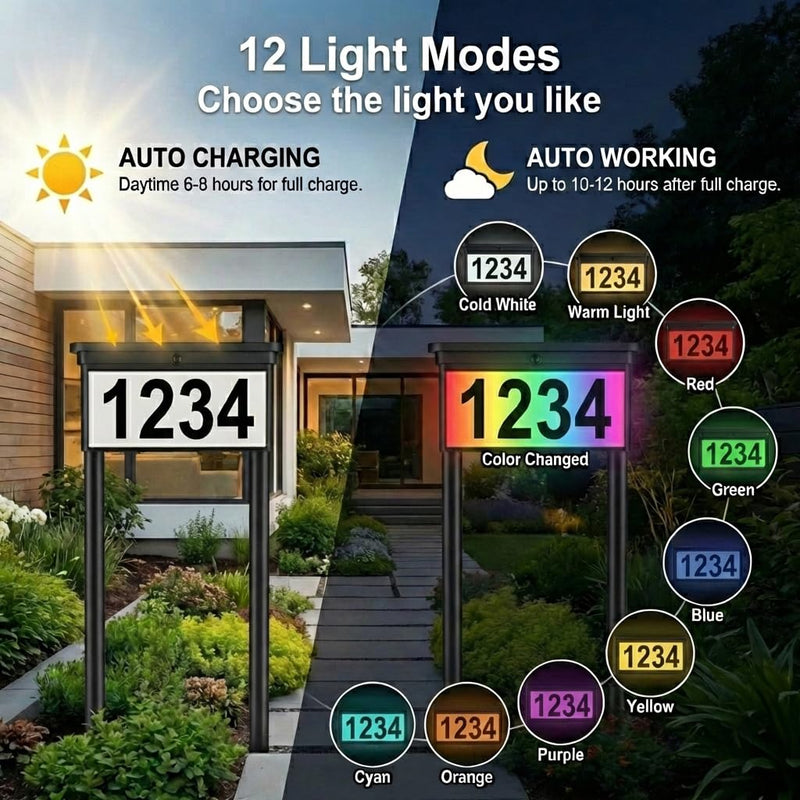 Solar Address Sign for Yard: 29" Double-Sided Lighted House Numbers with 12 Color Modes, 2-in-1 Dual Mounting (Stake or Mailbox), Waterproof LED Address Plaque, 4 Sets Numbers & Letters, 1 Pack