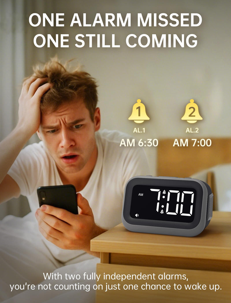 Super Loud Alarm Clock: 115dB Dual Alarms and 6 Alarm Sounds for Heavy Sleepers - Adult Shift Workers in Bedroom or Daily Wake-Up Use - Gray Gray - White Digits