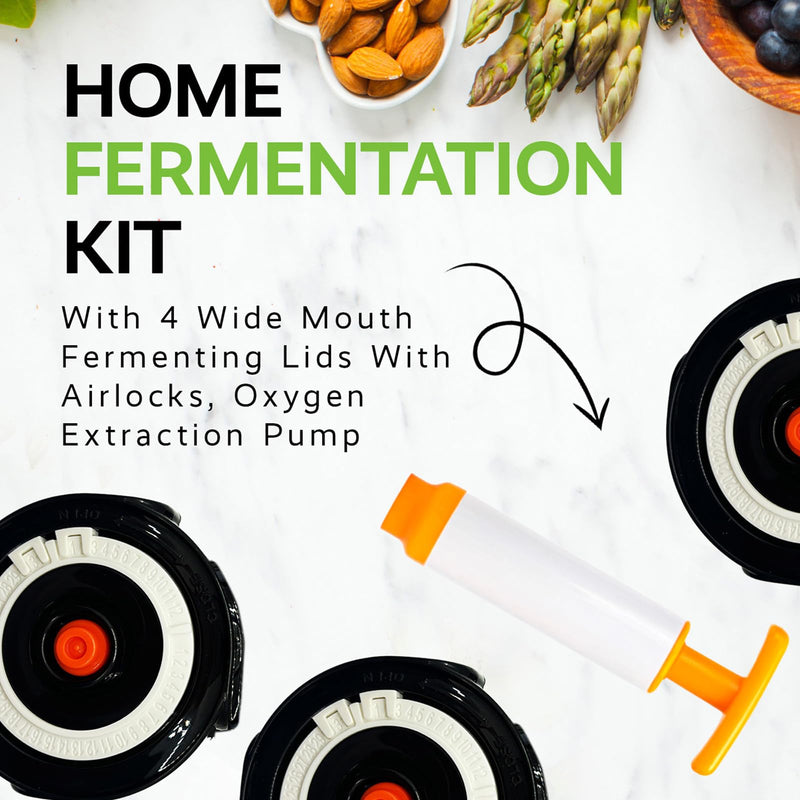 Home Fermentation Kit With 4 Wide Mouth Fermenting Lids With Airlocks, Oxygen Extraction Pump, Ideal For Sauerkraut, Kimchi, Pickles & Fermented Vegetable black