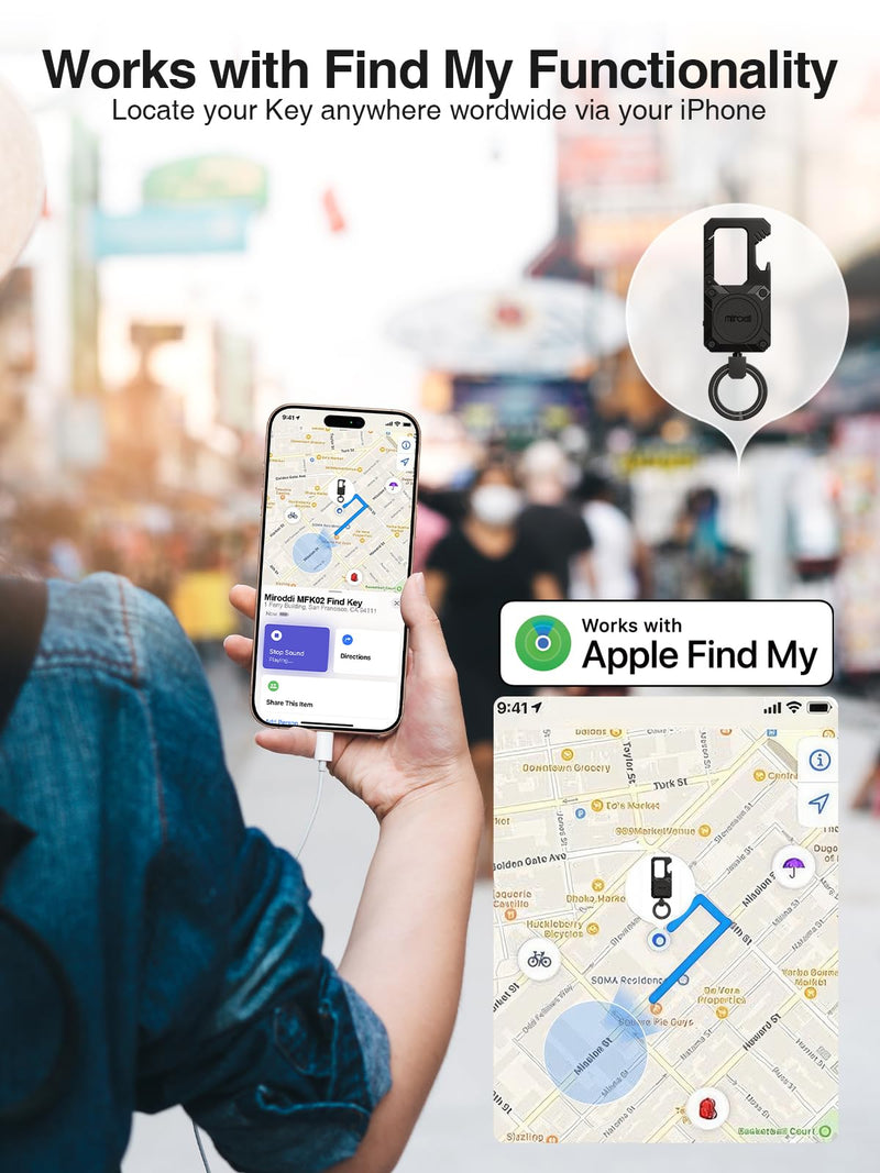 Miroddi Keychain with Smart Tracker, Men's Keychain Works with Find My(iOS Only), Heavy Duty Car Key Chains with Bottle Opener Fob Carabiner, Key Finder, GPS Anti-lost, Rechargeable, Black