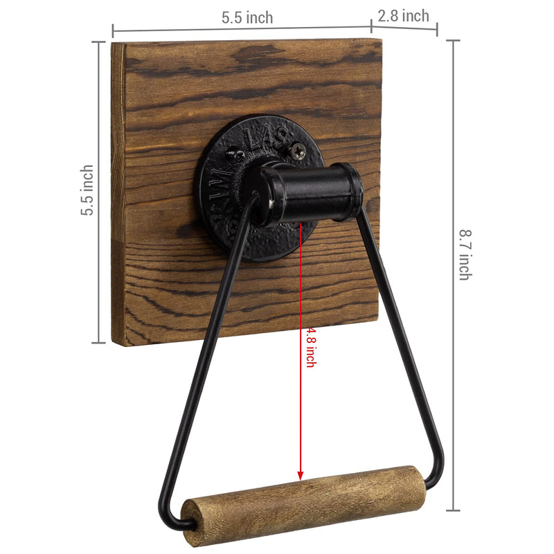 MyGift Bathroom Hand Towel Holder, Towel Rack Ring 5.5x8.7 inch for Kitchen, Laundry Room, Matte Black Industrial Metal with Rustic Solid Burnt Wood Dark Brown