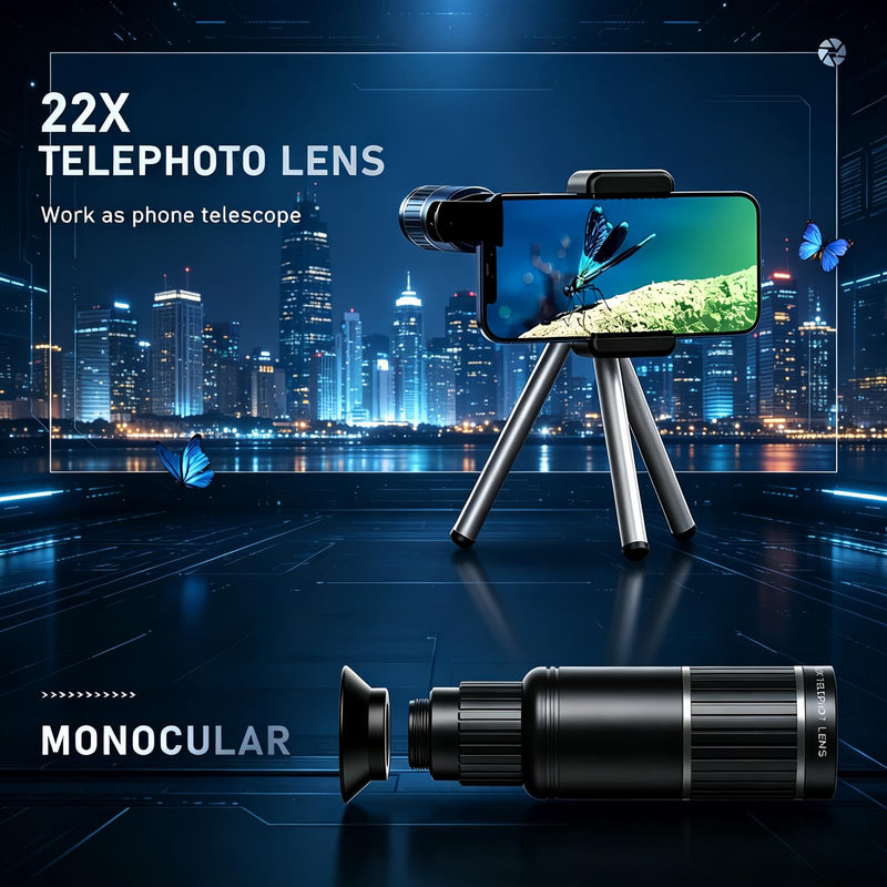 Lens Set for iPhone & Android –22X Telephoto Lens, 0.67X Wide Angle+25X Micro Lens(2-in-1), 205 ° fisheye Lens, Universal Clip, Eyepiece & Carrying Case for Wildlife, Sports & Travel