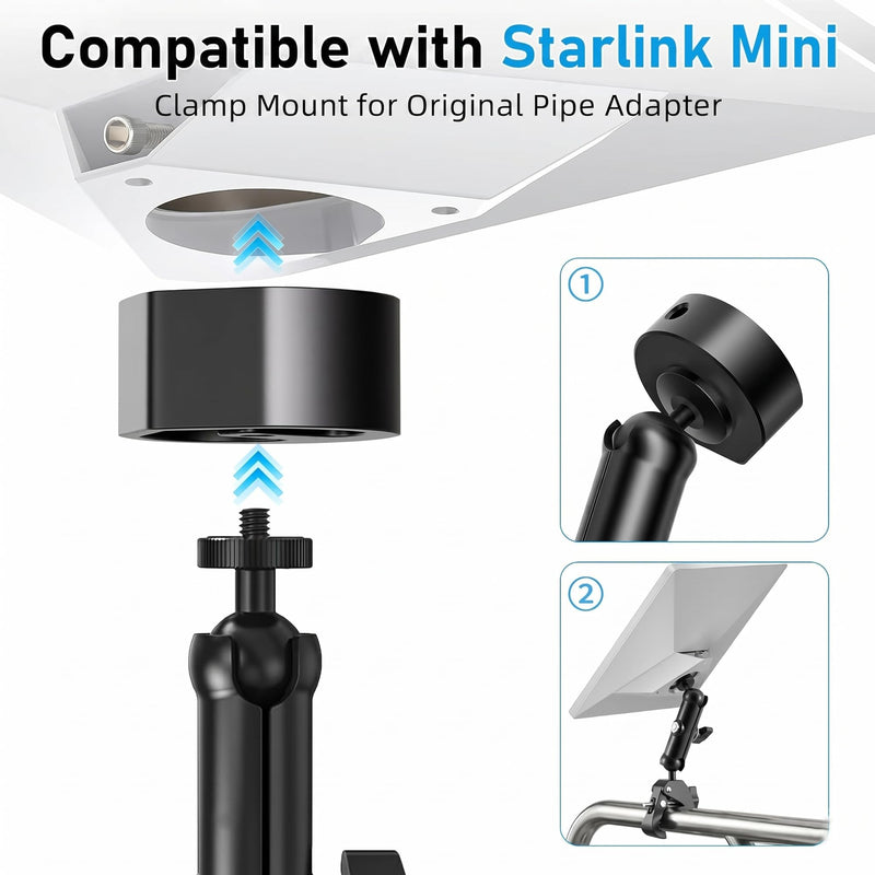 Pipe Adapter Compatible with Starlink Mini Mount, Foldable Clamp | Fits 2026/2025 & 2024 Setups; T-Handle Attachment; RV ladder, Roof Rack and Yacht, Camper Accessories Easy Installation. Black-Style-A