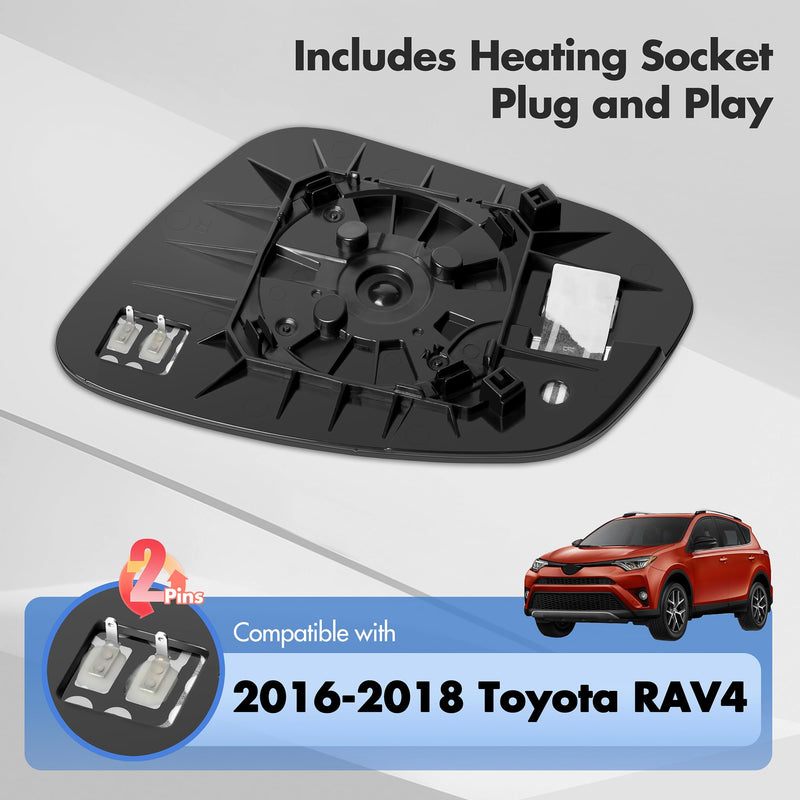 Compatible with Toyota RAV4 Passenger Side Mirror Glass 2016 2017 2018 - Right Side Replacement View Mirror, Heated Chrome Convex Mirror with Backing Plate and Rear Holder Passenger Side（RH）