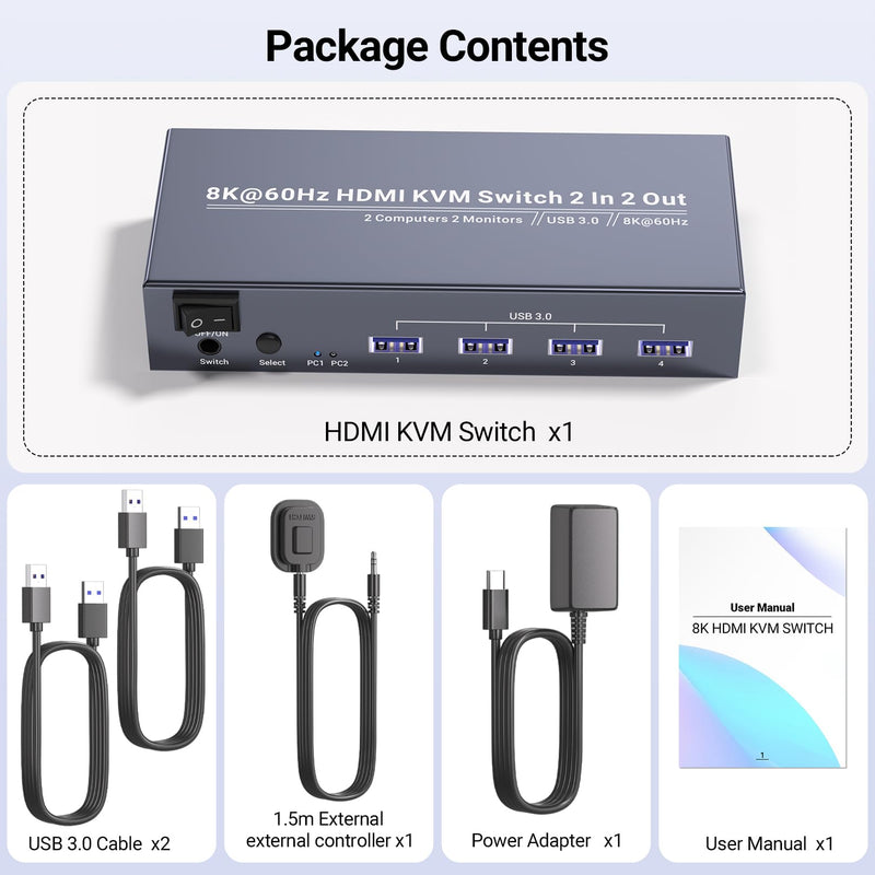 8K60Hz 4K120Hz HDMI KVM Switch 2 Monitors 2 Computers, USB 3.0 Dual Monitor HDMI KVM Switch for Controlling 2 PC with 1 Set of Keyboard, Mouse and 2 Monitors 8K 2 Monitors 2 Computers