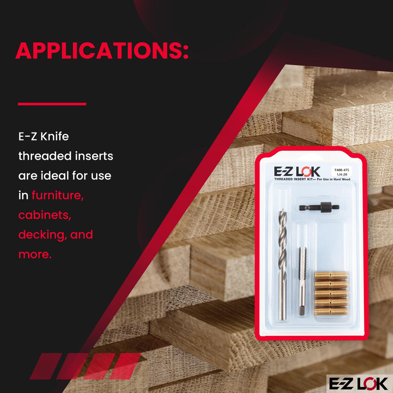 E-Z LOK Threaded Insert Installation Repair Tool Kit for Hard Wood - Includes Brass Thread Inserts, Drill, Tap and Drive-Tool 1/4-20 - 0.75" Length (EZ-T400-475) 1/4-20 - 0.75"