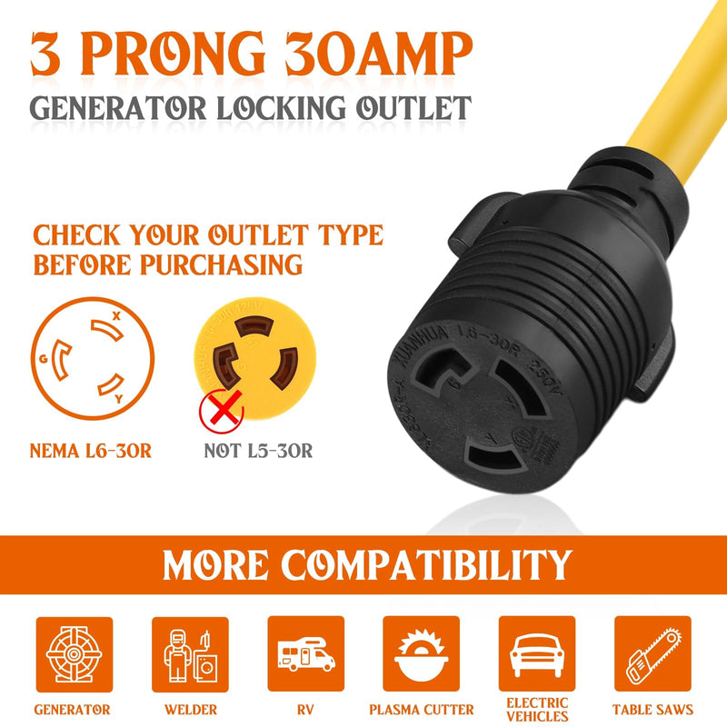 Tellegloww NEMA L6-30 Generator Extension Cord, NEMA L6-30P Male Plug to L6-30R Female Receptacle 3 Prong 30 Amp Generator Locking Power Cord, 3x12 Gauge, 250volt 7500watts Power Cable(10ft) 10FT