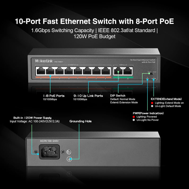 MokerLink 10 Port PoE Switch with 8 Port PoE+, 2 Fast Ethernet UpLink, 100Mbps, 120W 802.3af/at PoE, Fanless Plug & Play 8 PoE + 2 FE