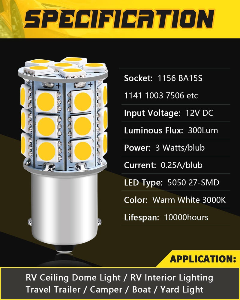 Qoope 1156 1141 LED Bulb Warm White Super Bright 1003 BA15S 7506 1073 LED Light Bulbs 5050 27-SMD Replacement for 12V RV Camper Trailer Boat Interior Lights, Pack of 10 27SMD Warm White