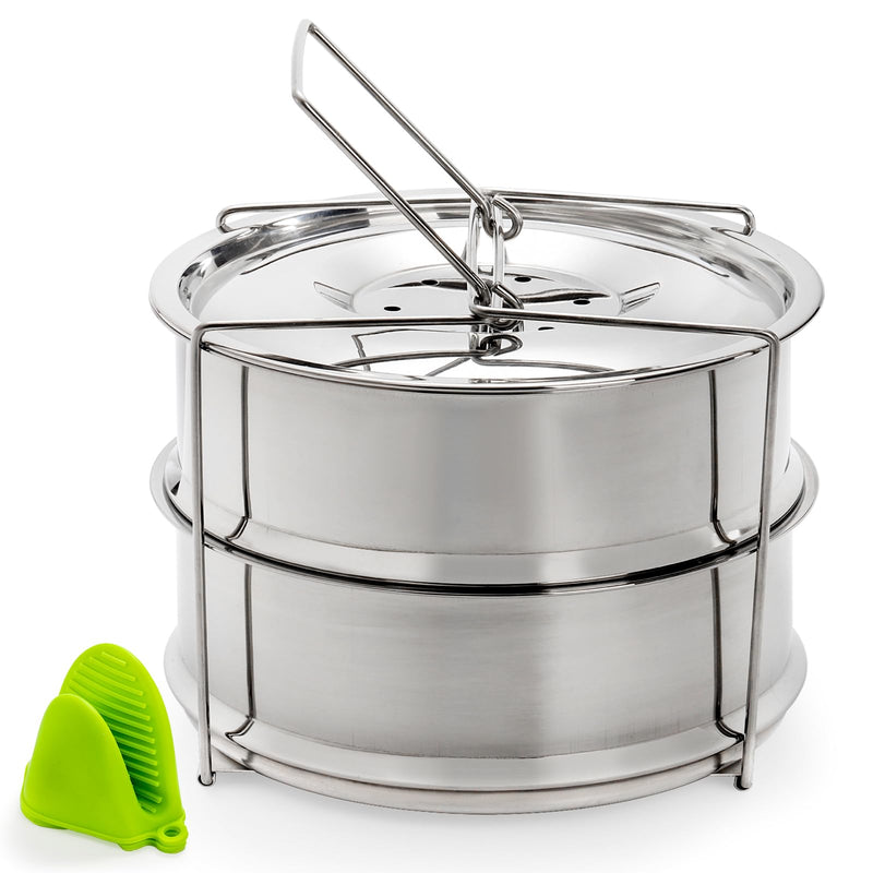 WUWEOT Stackable Steamer Insert Pans, 7.8 Inches Stainless Steel Pot-in-Pot Baking Pan, 2 Tier Pressure Cooker Accessories with Sling Handle and Silicone Gloves for Instant Pot