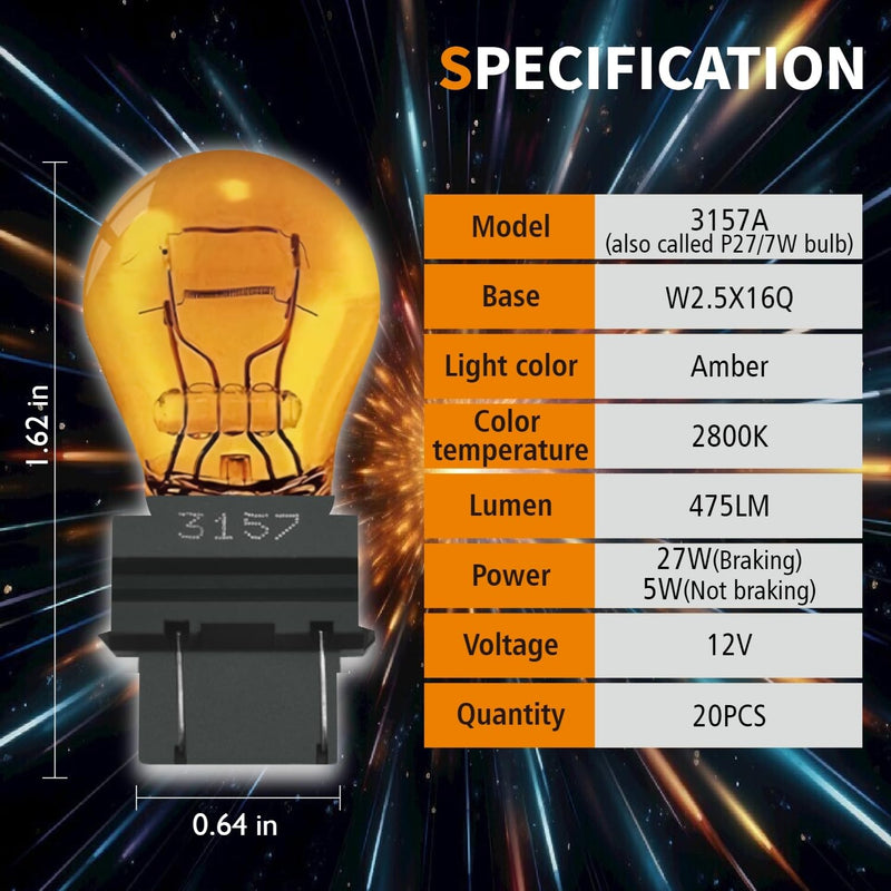 3157A(amber) Bulbs 20 Pack,12V 3047 3057 3157LL 3157K 3457 3757 4057 4157 Miniature Bulb Mini Bulb,Brake Light Turn Signal Side Marker Tail Light Bulb Replacement