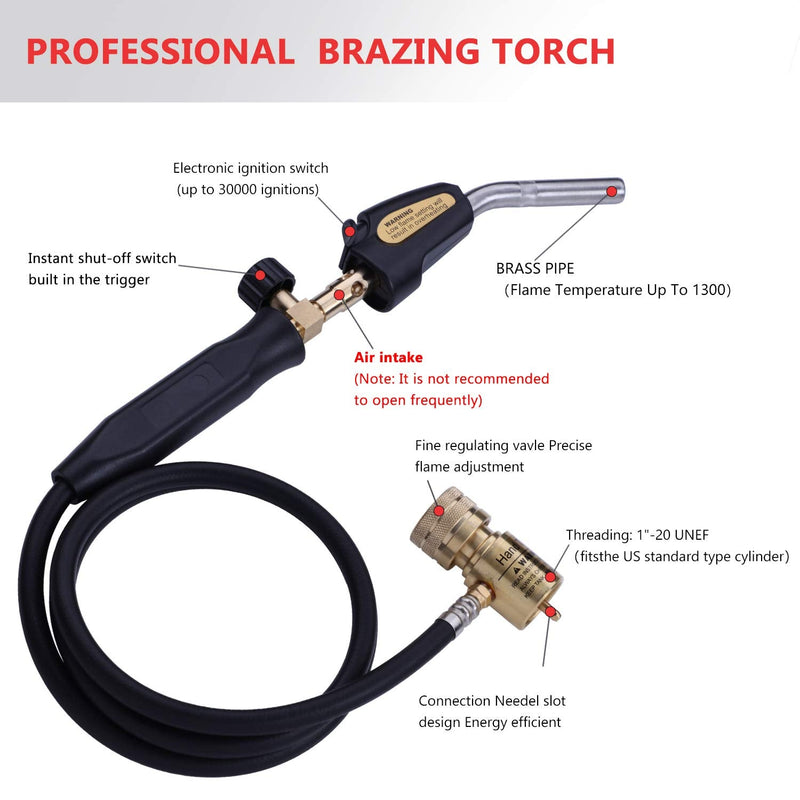 Propane Torch Hand Hose, Mapp Gas Torch,Welding Torch,Hose Length 1.5M/60"Maximum Operating Temperature 1900℃/3600℉-with Hook (Quick ignition with valve Style) Quick ignition with valve Style