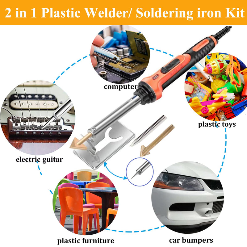 100W Plastic Welder, 2-in-1 Plastic Welding Kit with Soldering Iron Tips & 56Pcs Rods, 3-Speed Temperature Control Soldering Iron Gun, Professional Surface Repair Tool for Car Bumper,Dashboard, Kayak Red