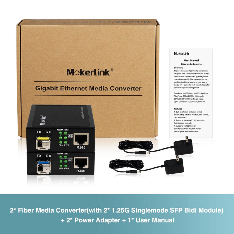 MokerLink Gigabit SFP to RJ45 Converter, A Pair 2 Pack BIDI-Mode Fiber to Ethernet Media Converter, 10/100/1000Mbps RJ45 Port, 1000Base-BIDI SFP Module 1310TX/1550RX up to 20KM 2 Pack Bidi Mode