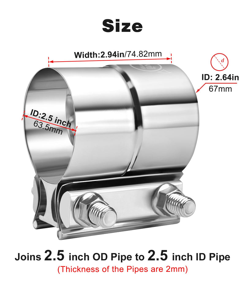 EVIL ENERGY 2.5'' Exhaust Clamp,Lap Joint Band Clamp Stainless Steel for Pipes,Mufflers,Catalytic Converters (1PCS, 2.5 inch)
