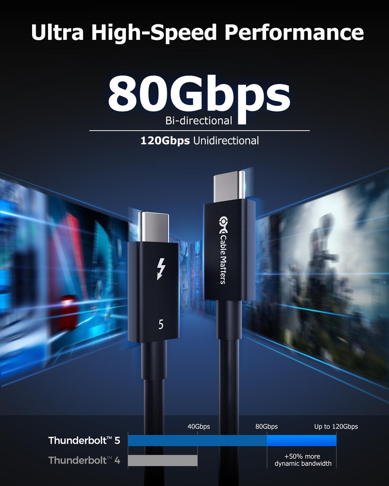 Cable Matters [Intel Certified] 80Gbps Thunderbolt 5 Cable with up to 120Gbps Bandwidth Boost and 240W Charging in Black - 0.5m / 1.6ft, Compatible with Thunderbolt 4, USB4, Thunderbolt 3 and USB-C 1.6 ft