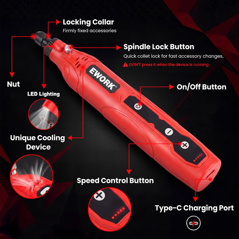 EWORK Cordless Rotary Tool Kit with 71 Accessories, 4V Mini Power Rotary Tool with 5 Variable Speeds & USB-C Charging for Sanding, Engraving, Polishing, Drilling, Carving, DIY Crafts Red (71 Pcs)