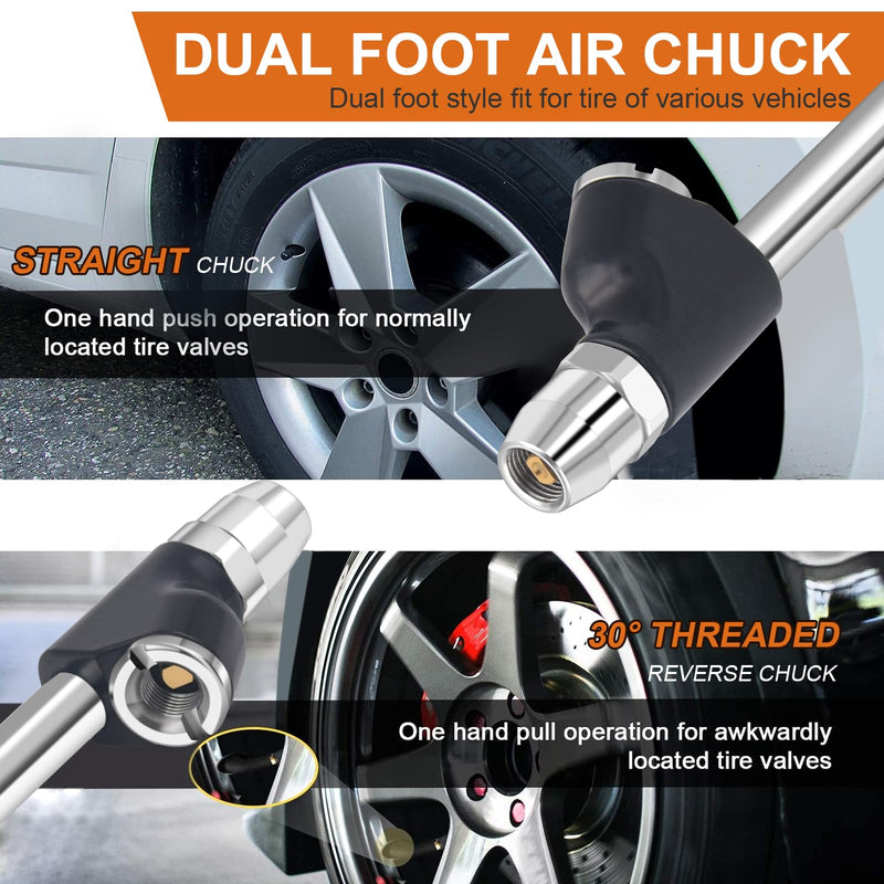 SAFELIFE 15-1/6" Extended Dual Head Air Chuck for Semi Trucks Dually Tires, 1/4" FNPT Heavy Duty Lock On Tire Inflate Chuck w/Quick Plug