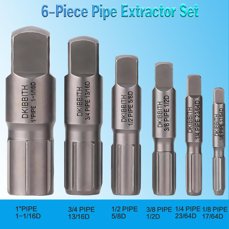 Pipe Extractor Set, 6-Piece Heavy Duty Steel Broken Pipe Extractors for Removing Damaged Threaded Pipes & Fittings from 1/8" to 1", with Durable Storage Case, Ideal Tools for Plumbers Mechanics DIY 6 Piece Pipe Extractor Set