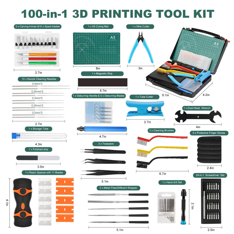 3D Printer Tools Kit, 100pcs 3D Printer Accessories for All FDM/SLA Printers Includes Deburring Tool,Cleaning Kit, Sanding Kit, Nozzle Cleaning Needles, Scraper Tools, Maintenance kit, Brushes