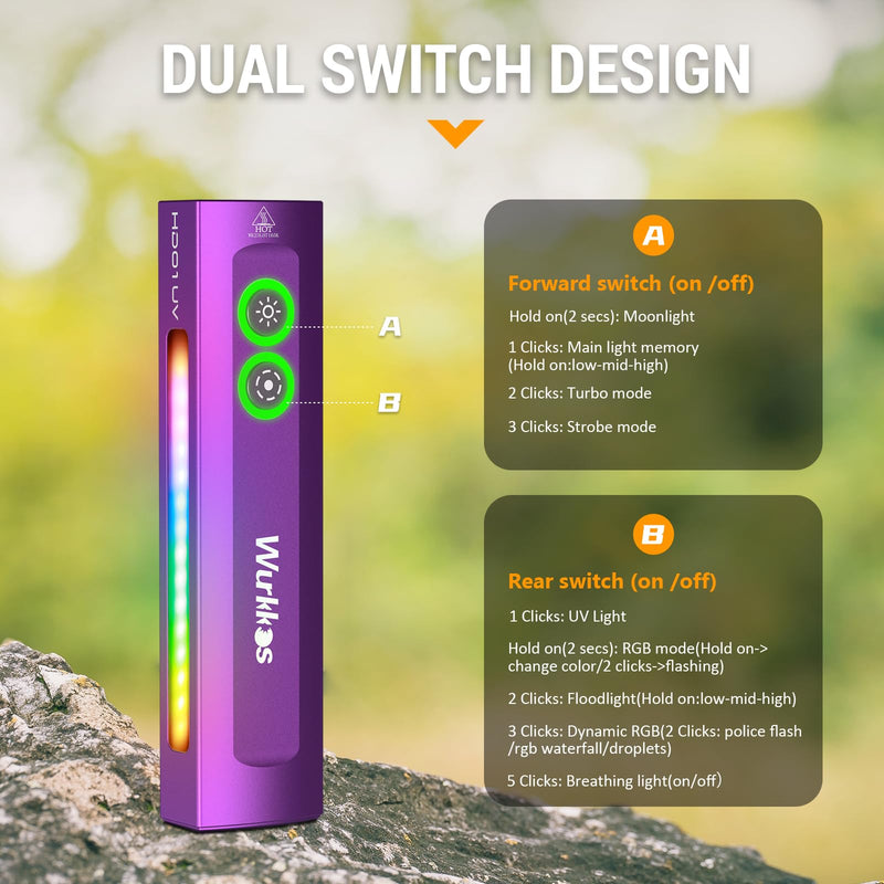 Wurkkos HD01 UV Flashlight, Rechargeable EDC Flashlight, Led Flashlight with 365nm UV Light, 1200 Lumens Flat Flashlight with RGB, Pocket Light for Emergency, Pet Urine Detection(Purple) Purple