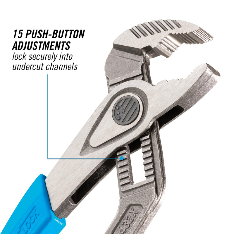 Channellock Tongue & Groove Pliers 432X - SpeedGrip V-Jaw, Push Button, Made in USA - 10 in. 432X 10" V-JAW