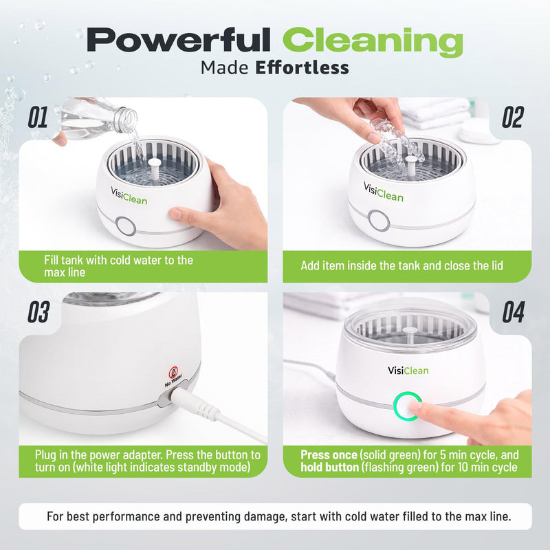 Ultrasonic Retainer Cleaner, 45k Hz Retainer Cleaner Machine, Aligner Cleaner, Nightguard Cleaner, Mouthguard Cleaner, Denture Cleaner - Ultrasonic Jewelry Cleaner - Heat Sensor - VisiClean Innova