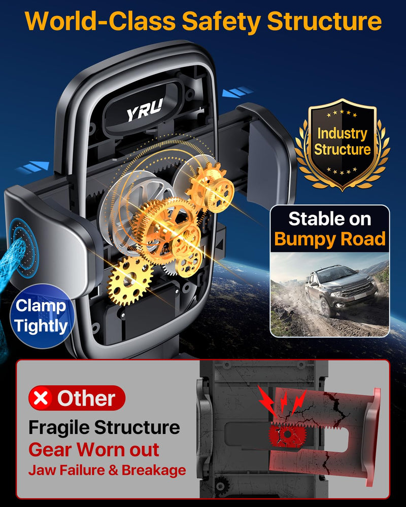 YRU 2026【100+LBS Suction & Flexible Low-Profile Arm】 Car Phone Holder Mount | 【Newest Upgrade Military-Grade & Safety Cert】360°Rotate Dash Windshield Vent Truck Cradle for iPhone17 16 Pro Max, Dark Black