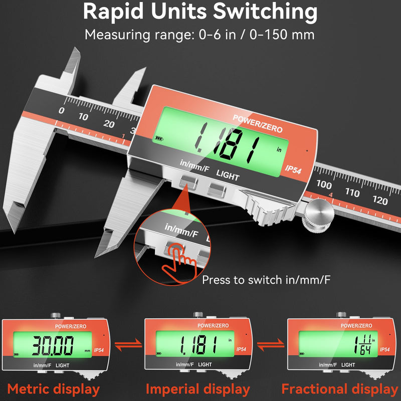 Preciva Digital Caliper, Rechargeable 6 inch Vernier Caliper with Large LCD Screen Stainless Steel Electronic Measuring Tool with Fraction/Inch/Metric Conversions, Auto-Off Feature